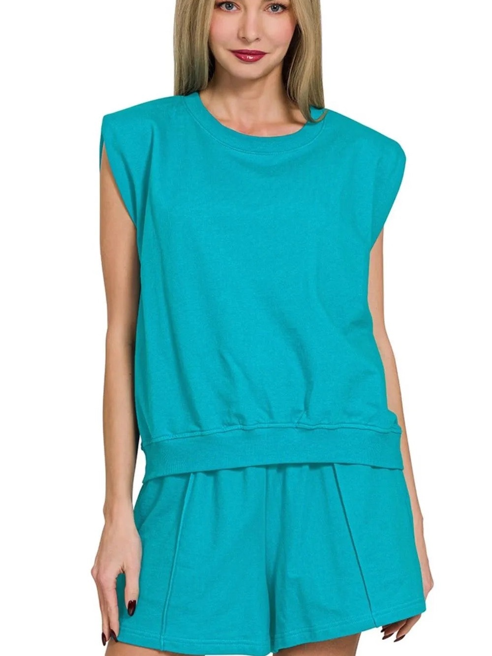 Zenana French Terry Sleeveless Top and Elastic Waist Shorts Set Teal Blue Size M